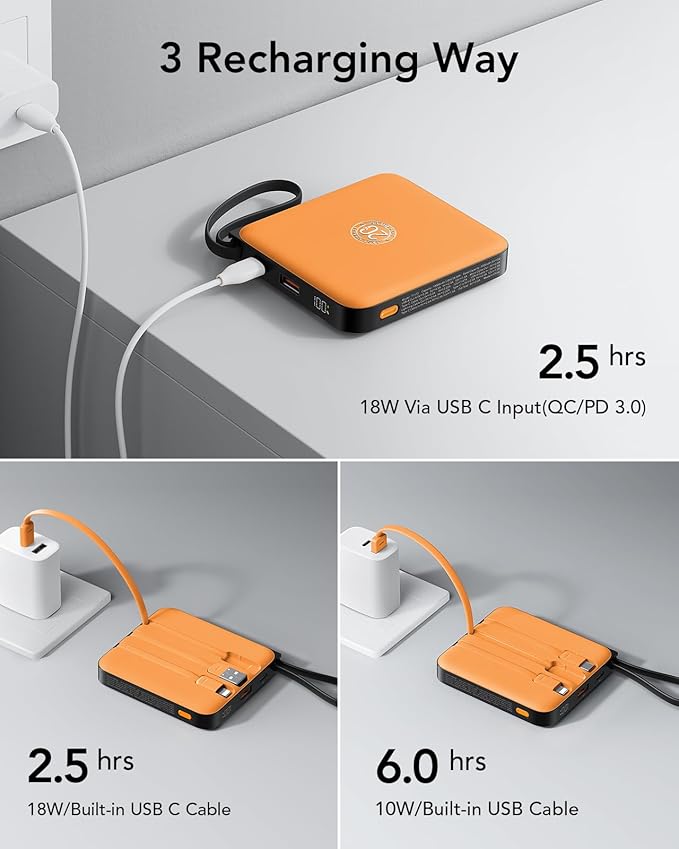 Portable Charger USB C for iPhone, 10000mAh Power Bank with Built-in Cables | 22.5W Fast Charging, LED Display, Slim, for iPhone 17 Pro Max & 16/15 Series (Orange) - Image 6