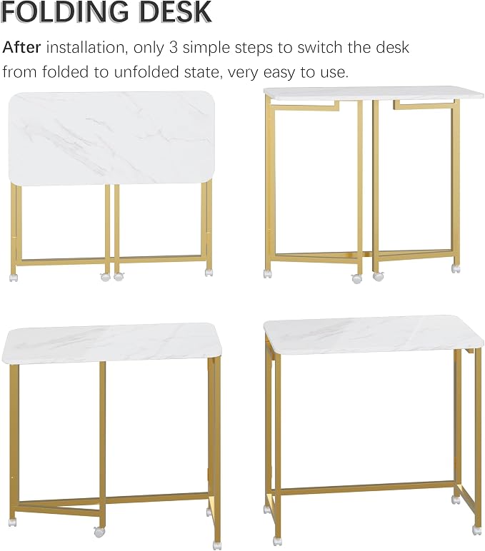 4NM 31.5" Mobile Small Rolling Computer Desk, Folding Laptop Cart Table with Wheels, Portable Office Desk for Small Space Couch Bed - White and Golden - Image 6
