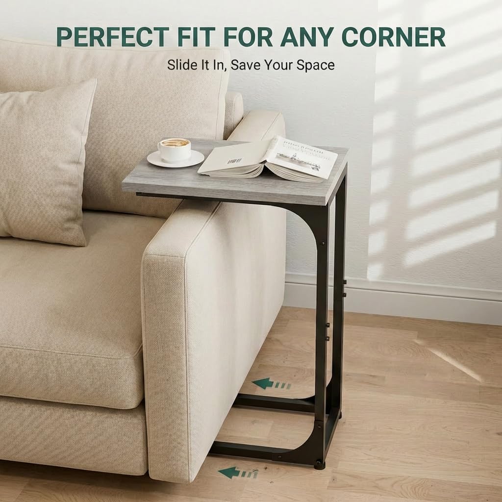 TEMI C Shaped End Table for Couch, Set of 2 Small Side Table for Sofa, TV Tray for Eating or Laptop, Accent Desk for Chair, Space Saving for Living Room Bedroom, Greige - Image 4