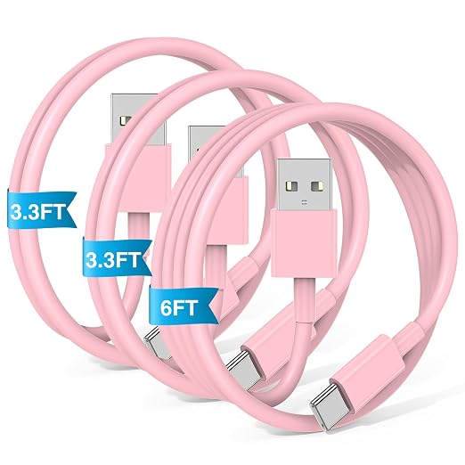 3-Pack Pink [3.3FT+3.3FT+6FT] USB A to USB C Cable，USB to USB C Car Carplay Cable for iPhone 16 15 Pro Plus Pro Max，for iPad Pro/Air/Mini，for Samsung S24/S23/S22/S21，for MacBook Pro/Air and More by JERMASAL