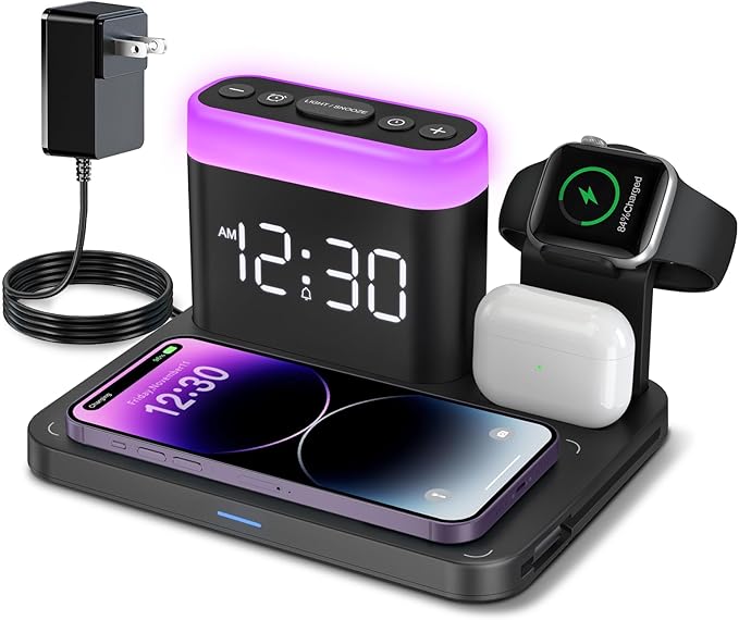 ANJANK Wireless Charging Station,5 in 1 Multiple Charger Stand with Alarm Clock,7 Night Light,Magnetic Charging Dock for iPhone 17 16 15 14 13 12 Pro Max Plus,Apple Watch 11/10/9/8,for Airpods,Bedroom by ANJANK