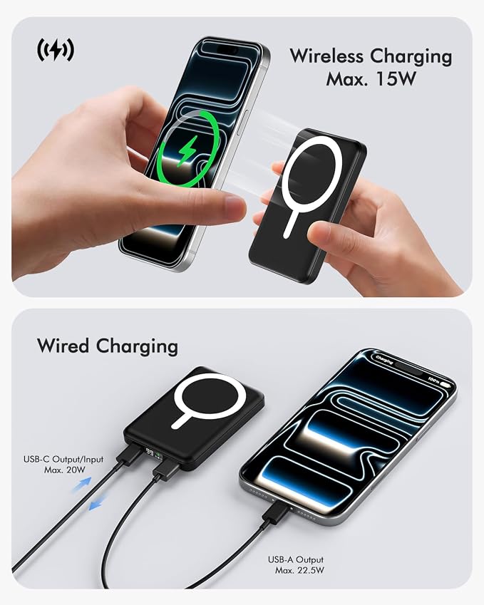 podoru for Magsafe Power Bank, 10000mAh Slim Magnetic Portable Charger | 22.5W PD Fast Charging, Travel Essentials with USB-C Cable LED Display, Wireless Battery Pack for iPhone 17-12 Series - Image 3