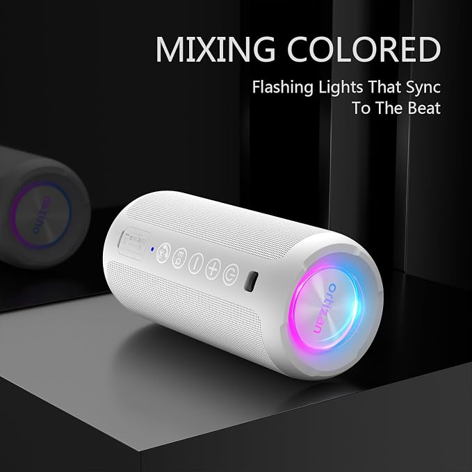Ortizan Portable Bluetooth Speaker: IPX7 Waterproof, 24W Loud Sound, White | Deep Bass, Bluetooth 5.3, LED Lights, Wireless Stereo Pairing, 30H Playtime, for Home/Outdoor/Party/Beach, Birthday Gift - Image 2