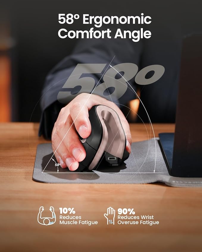ProtoArc EM11 NL Wireless Ergonomic Mouse, Rechargeable, Black Pink | 58° vertical design supports a natural wrist posture, connect 3 devices via Bluetooth/2.4G USB-A, 500mAh USB-C rechargeable. - Image 7