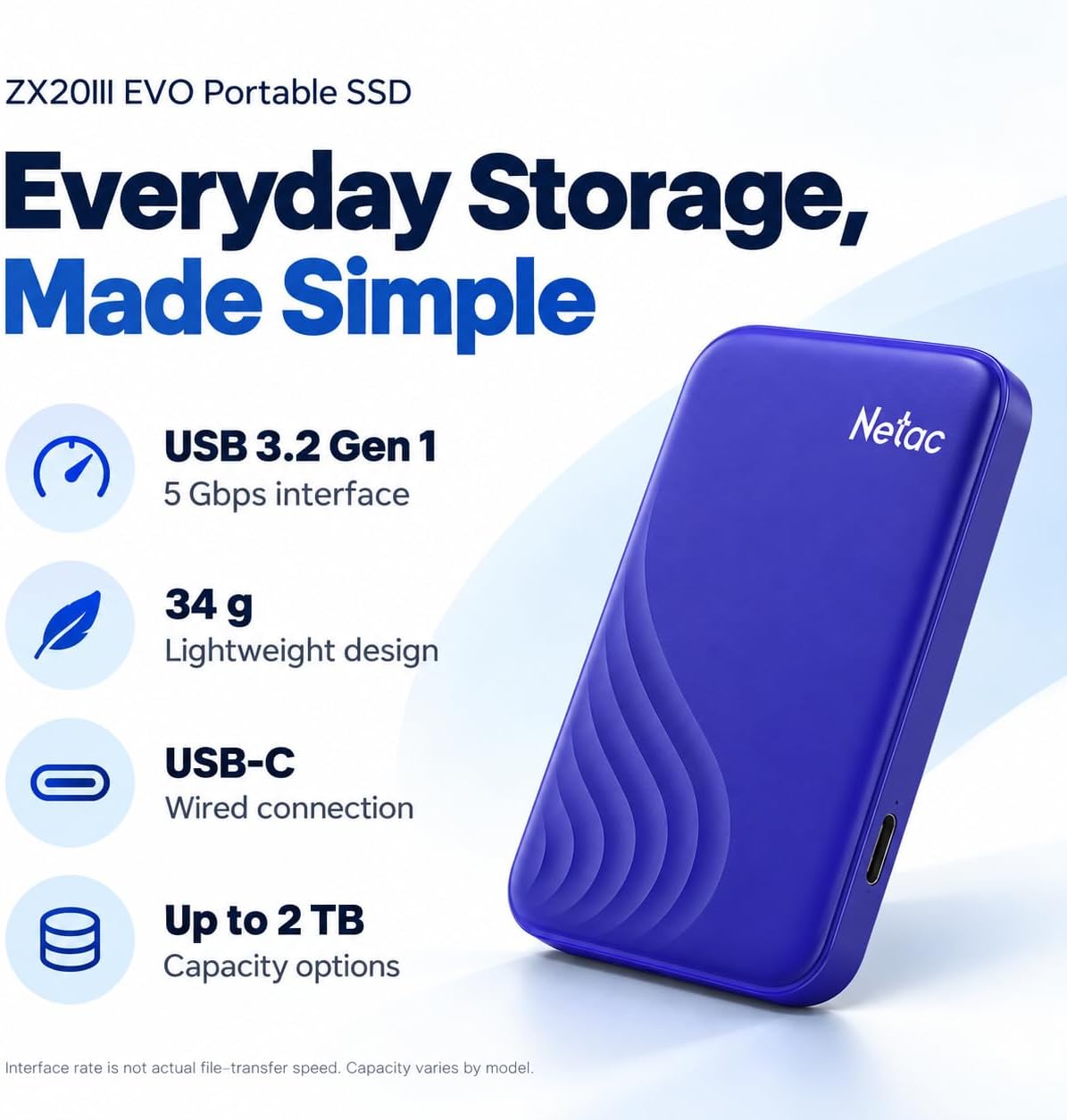 Netac ZX20III EVO 256GB Portable SSD, Up to 550MB/s Read and 500MB/s Write, USB 3.2 Gen 1 USB-C External Solid State Drive, 34g Compact ABS+PC Design for Phone, PC - Image 2