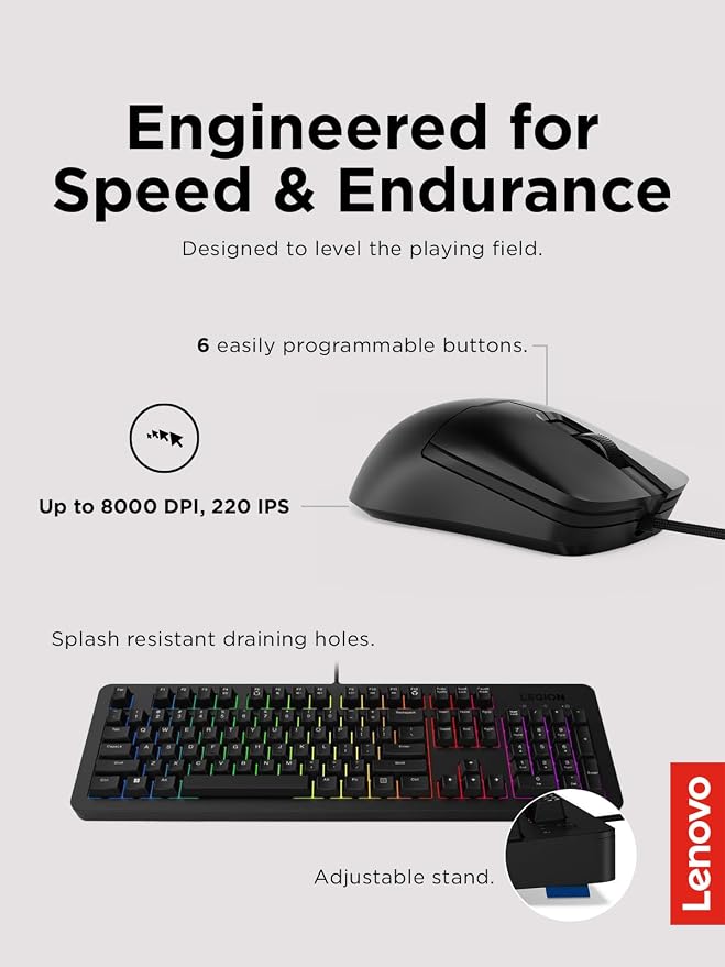 Lenovo Legion KM310 RGB Wired Gaming Keyboard & Mouse Combo - K310 Keyboard w/Silent Operation & Compact Water-Resistant Design - M300S Mouse with 8000 Adjustable DPI, 220 IPS, 6 Programmable Buttons - Image 4