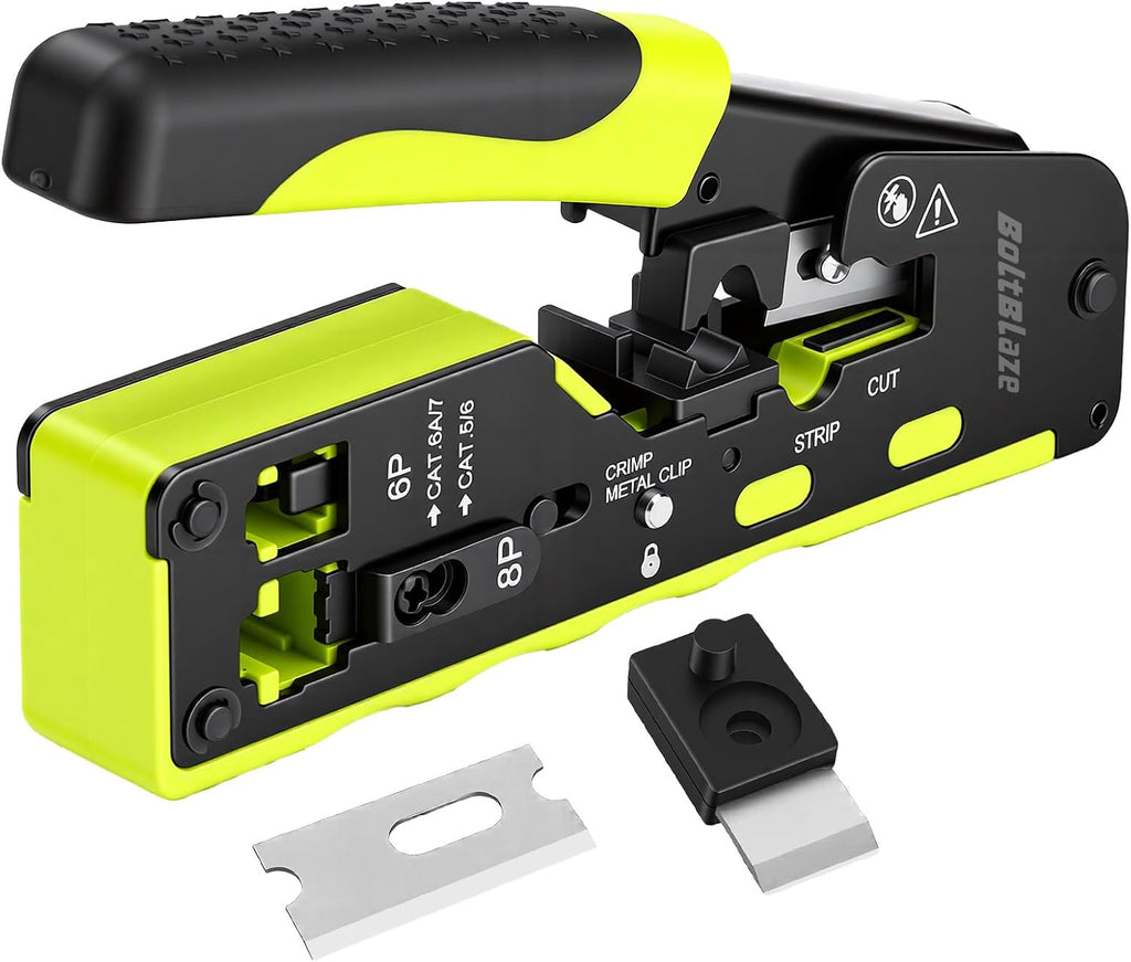 RJ45 Crimping Tool, All-in-One Ethernet Crimper Cat7 Cat6 Cat5 Crimping Tool for RJ11/RJ12 Standard, RJ45 Pass Through Connectors by BoltBlaze
