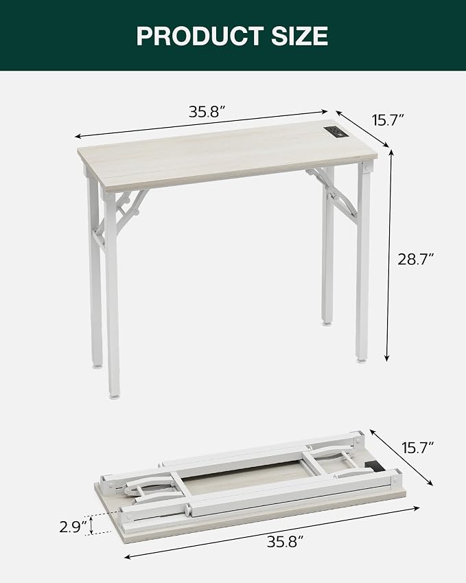 Small Folding Computer Desk – 35.8 Inch Portable Table for Craft and Study, Lightweight Desk for Small Spaces, Foldable Laptop Table Built-in AC/USB Outlets for Convenience, White Ash - Image 2