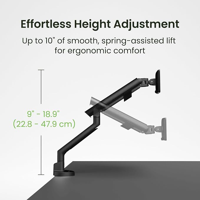 Kanto DM1 Single Monitor Desktop Arm for 17” - 40” Flat, Curved and Ultrawide Monitors | 4.4 to 22 lb Weight Capacity | On-the-Fly Height Adjustment w/Spring Arm | Easy Install | Black - Image 5