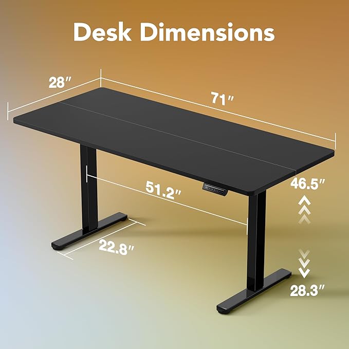 HUANUO 71x30 Inch Electric Standing Desk, Height Adjustable, Black | 176 Lbs Capacity, Smooth Home Office Desk, 4 Memory Presets & Headphone Hooks, 28.3–46.5 Inch Height Range, Easy to assemble - Image 3