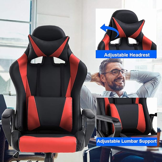 BestOffice Gaming Chair | Red | Desk Chair with Adjustable Lumbar Support | Headrest Pillow | Ergonomic Racing Style Seat with Recline, Swivel Base & Rolling Wheels | For Gamers, Home, Office - Image 5