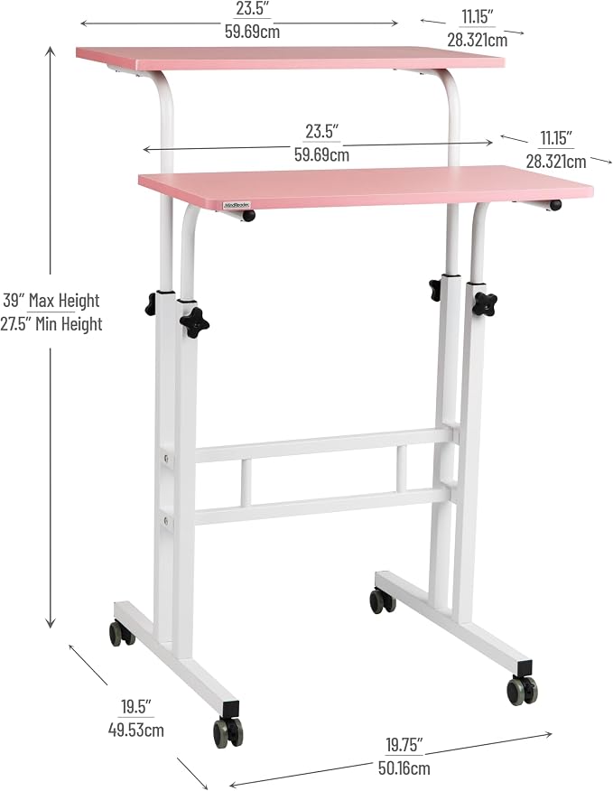 Mind Reader Standing Desk, Adjustable Height Laptop Workstation, Portable Rolling Desk on Wheels, Two-Tier Metal Frame, Pink - Image 3