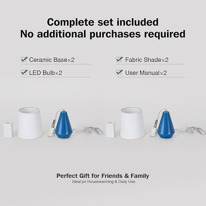 Small Bedside Table Lamp for Bedroom-Reading Desk Lamp Set of 2,with 3 Color Temperatures,15.5" Nightstand Ceramic Lamp with Fabric Shade for Kids Room,Living Room,Dorm,Home Office(Blue+White) - Image 8