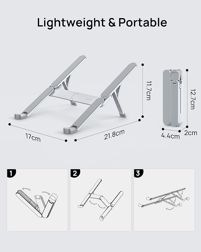 Ultra Compact Foldable Laptop Stand - Portable Laptop Holder for Desk & Travel Use, Ergonomic Aluminum Computer Holder with Adjustable Height for MacBook, Tablet 10-16" (Light Gray, Bi-Fold) - Image 7