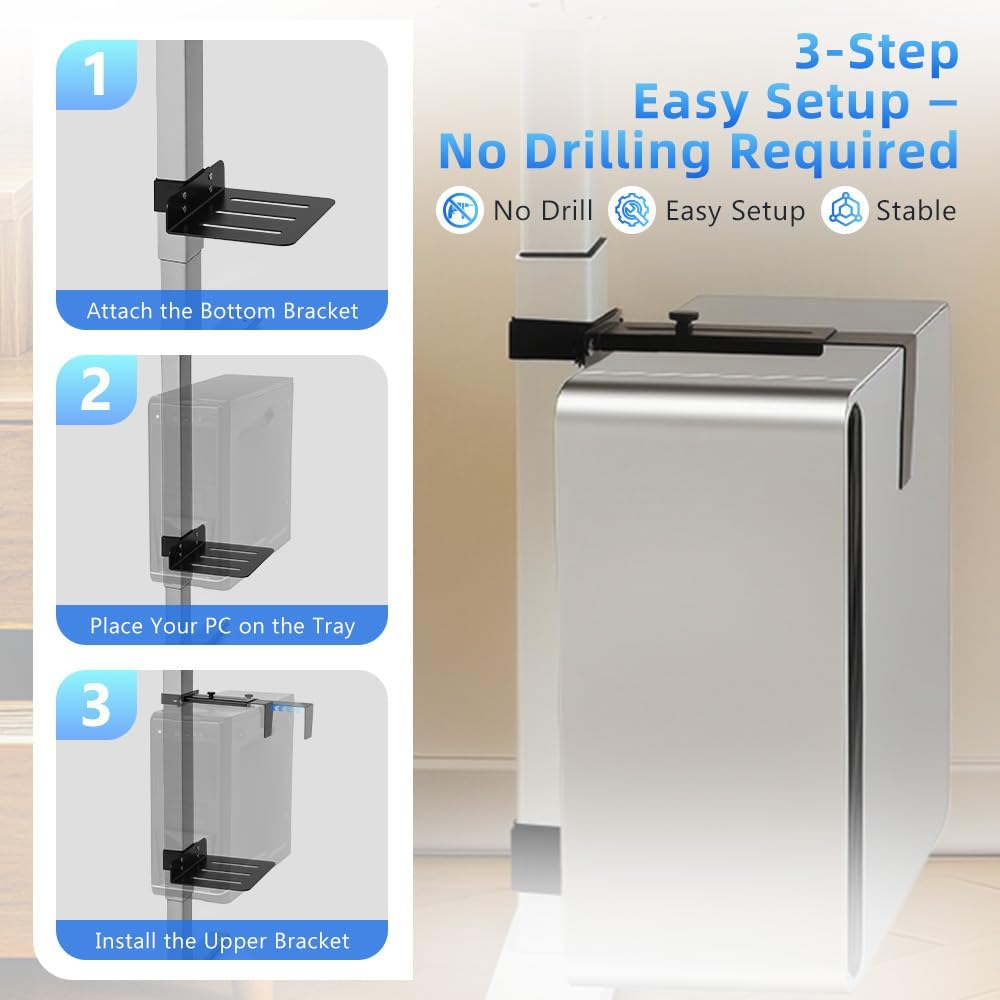 Under Desk PC Mount for Standing Desk, Clamp-On CPU Holder, 50lbs Capacity - Image 2