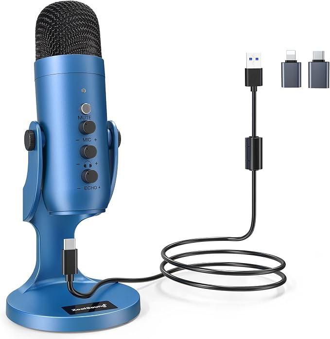 ZealSound Podcast Microphone for PC, Noise Cancellation USB Mic with Gain, Volume Adjustment & Mute Button, Monitoring & Echo, for YouTube, TikTok, Podcasting, Streaming, iPhone, iPad, Android(Blue) by zealsound