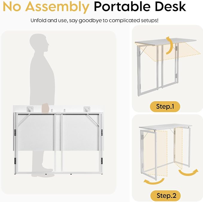 39.4" Folding Desk: No Assembly, Wood Top for Small Spaces | 39.4 in dual-monitor workspace, holds 150 lbs, folds flat to 2.3 in, splash-proof top, home office or gaming - Image 7