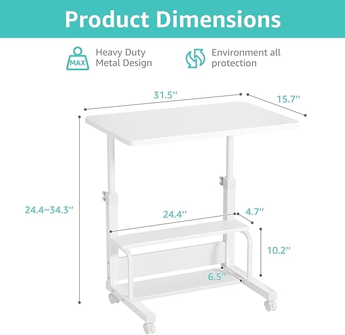 WINAZ Small Portable Laptop Rolling Desk - 32" Mobile Kids Desk with Wheels for Small Spaces, White，31.5" - Image 3