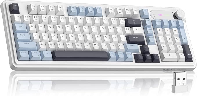MageGee GK960 Wireless Keyboard, 98 Keys Tri-Mode BT/2.4G/Wired Membrane Gaming Keyboard, RGB Creamy Keyboard with Number Pad, Knob Control, 4000mAh Battery - Blue & White by MageGee