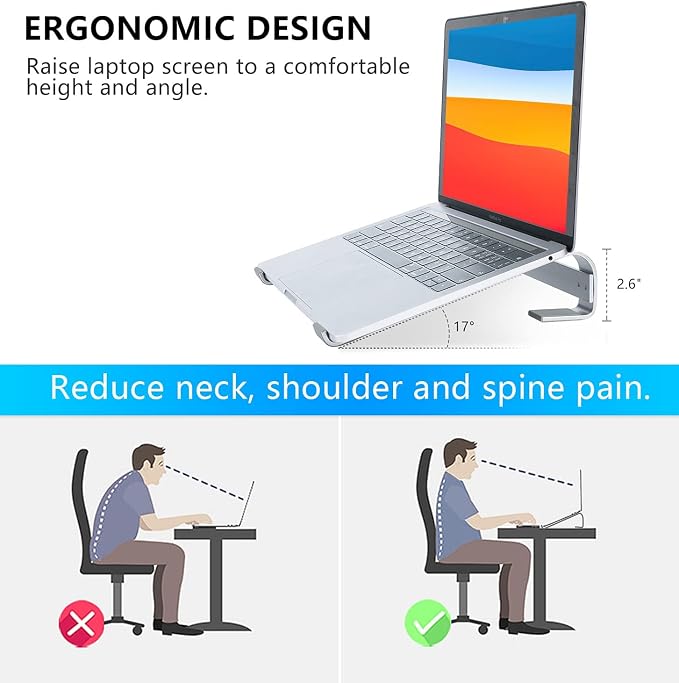Laptop Stand for Desk, Ventilated Aluminum Laptop Riser, Silver | Stable Typing Support, Fixed 17° Angle, 2.5 in Lift, Silicone Pads, Open Airflow, Fits Most 11–16 in Laptops, Tool Included - Image 3
