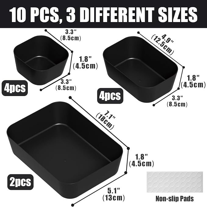 Drawer Organizers Bins 10 PCS for Bathroom Makeup Desk Office | with Non-slip Pads, 3 Sizes, Plastic Tray, Vanity Organizer, Kitchen Utensils Organizer - Image 2