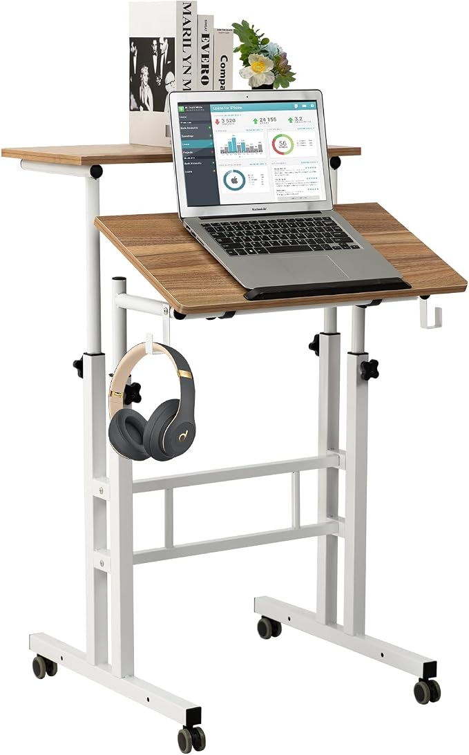 SIDUCAL Small Standing Desk, Portable Stand Up Desk, Height Adjustable Mobile Standing Table Converter with Wheels Computer Workstations, Rolling Laptop Cart for Stand or Sit, Vintage Oak - Image 9