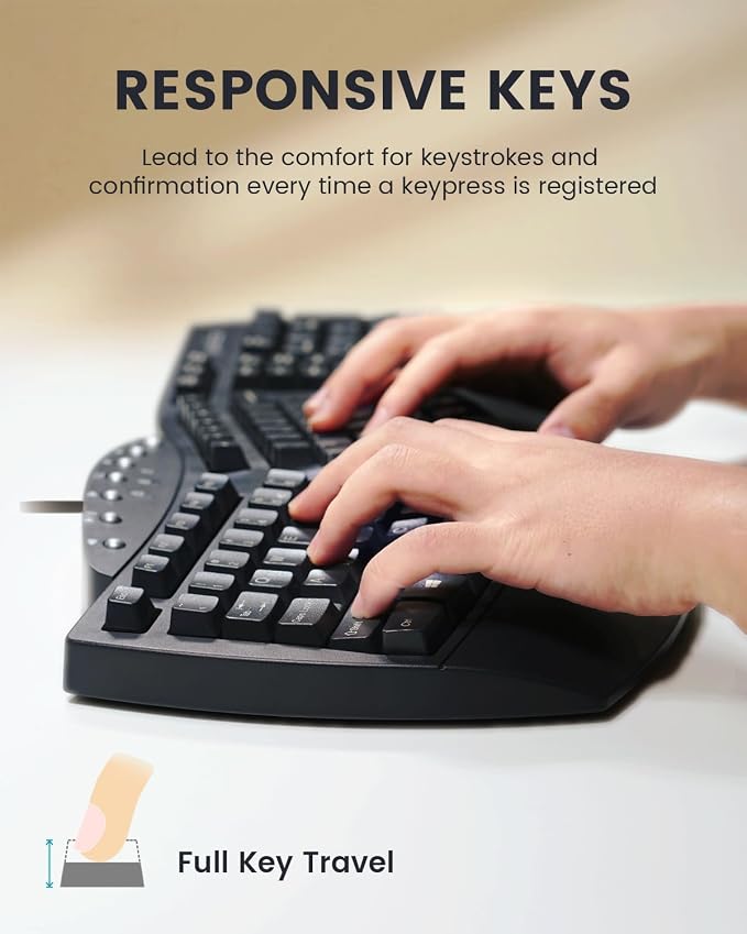 Perixx PERIBOARD-512B Wired Ergonomic Keyboard - Split Keyboard, Wrist Rest, Natural Typing - Wired USB Connectivity - US English - Black - Image 4
