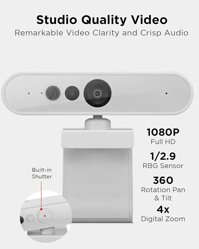 Lenovo HD 1080p Webcam (510 FHD) - Monitor Camera with 4X Digital Zoom, 95° Wide Angle, 360° Rotation Pan & Tilt - Desktop Cam with Dual Microphones & Windows Hello for Livestreaming & Conferences - Image 2