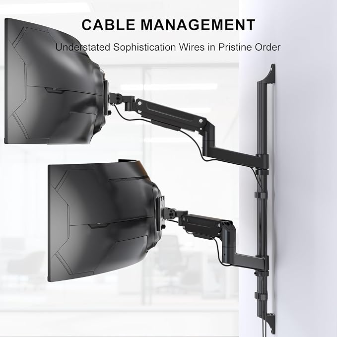 WALI Vertical Dual Monitor Wall Mount for 13-49 inch Screens, 44lbs per Arm | Heavy Duty Stacked Ultrawide Monitor Arm for Wall, Full Motion with Tilt, Swivel, Rotation, VESA 75/100mm (GSWM002-P), Black - Image 6
