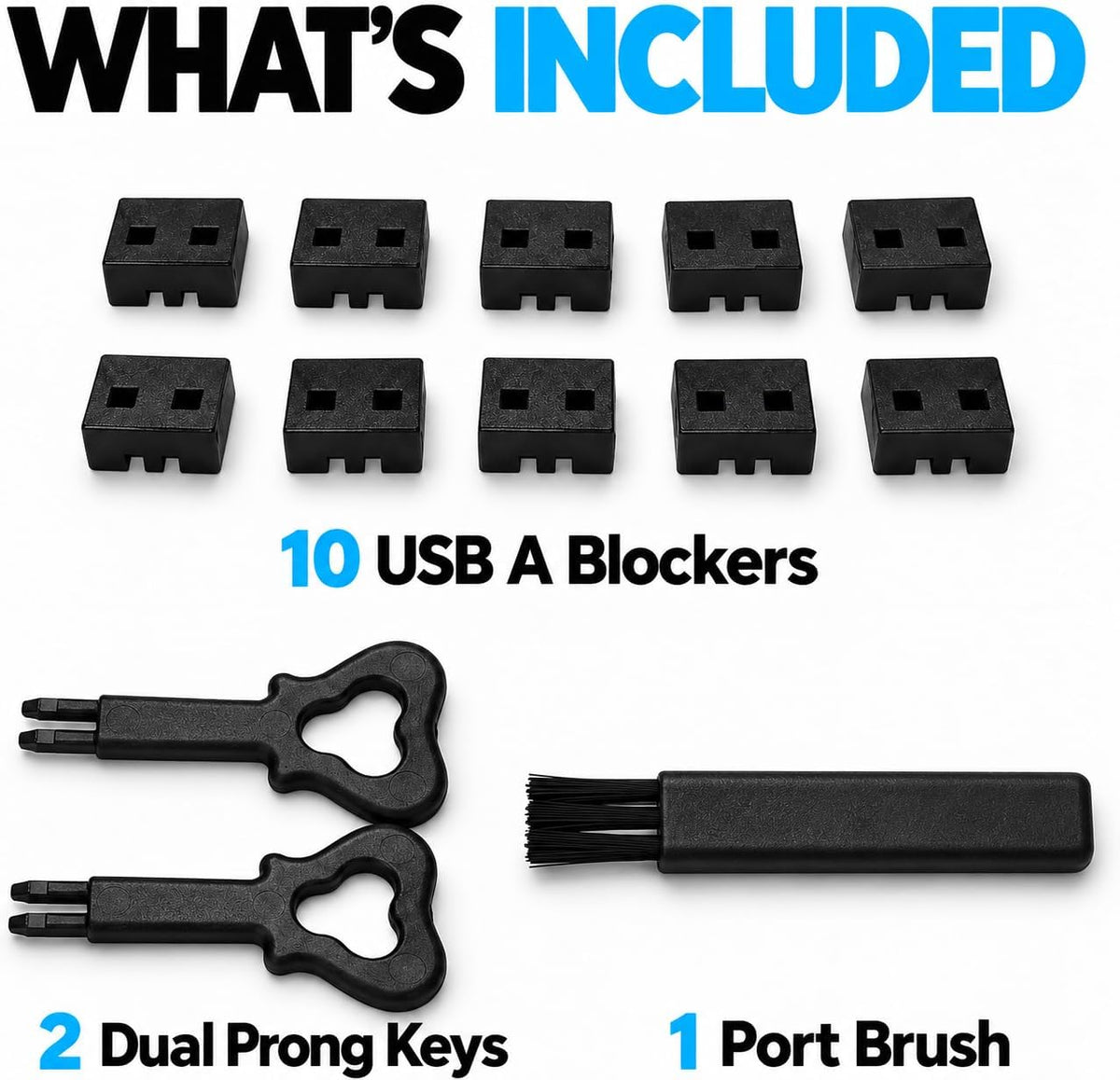 USB A Port Blockers 10 Pack, Control USB Access, 2 Dual Prong Keys, Black - Image 3
