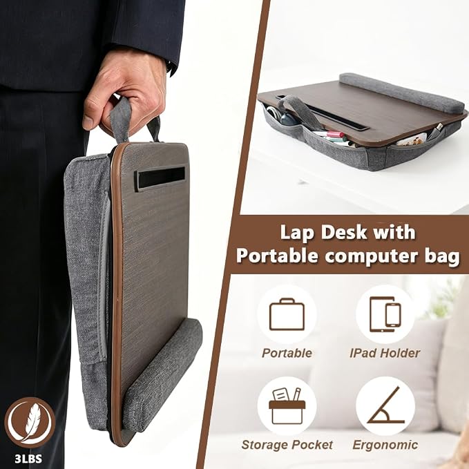 Portable Lap Desk Fits 14–17 Inch Laptops for Bed | Walnut-toned top surface,padded cushion,hand strap,pen & tablet slots for home,car & travel - Image 6