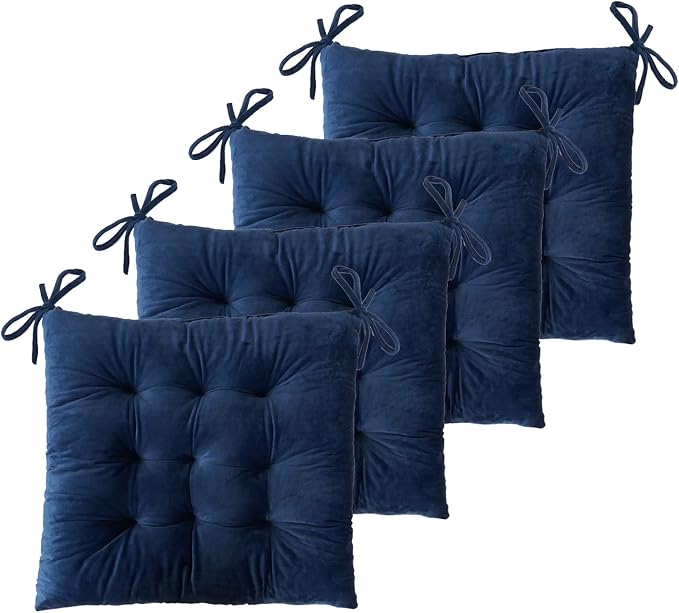 ELFJOY Set of 4 Square Chair Pads Indoor Seat Cushions Pillows with Ties Thick Soft Seat Cushion for Kitchen Dining Office Chair (18.8", Navy) by ELFJOY
