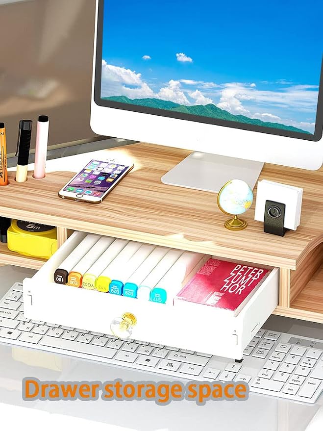 Triangle Monitor Stand Riser,Cut Triangle Save Space Desktop Corner,Desktop corner shelf with drawers wooden computer stand with storage laptop risers office organization. (Have drawers) - Image 6