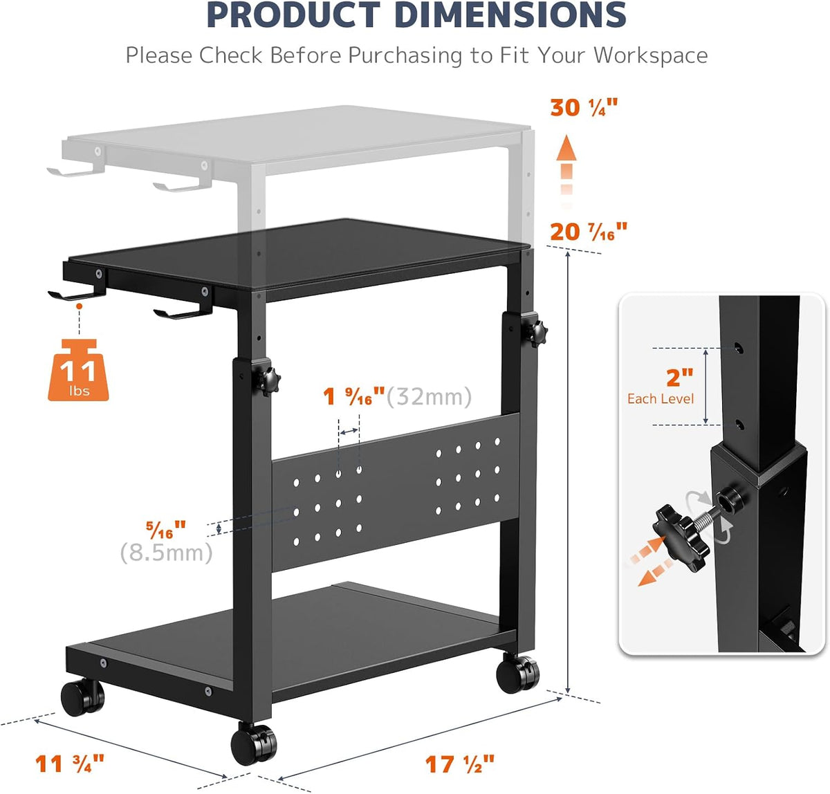 Computer Tower Stand Cart, Height Adjustable from 20 7/16" to 30 1/4" - Image 5