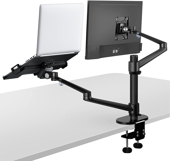 Viozon Monitor and Laptop Mount, 2-in-1 Adjustable Dual Arm Desk Mounts Single Desk Arm Stand/Holder for 17 to 32 Inch LCD Computer Screens, Extra Tray Fits 12 to 17 inch Laptops (Black) by viozon