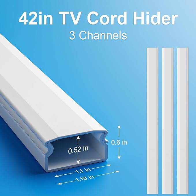 Yecaye TV Cord Hider, 42in Cord Cover Wall Mounted, W1.18in H0.6in, White | Large Cable Hider, Wire Covers for 4 Cords, Cable Raceway Wire Hiders for TV on Wall, Cable Cover Cord Concealer - Image 3