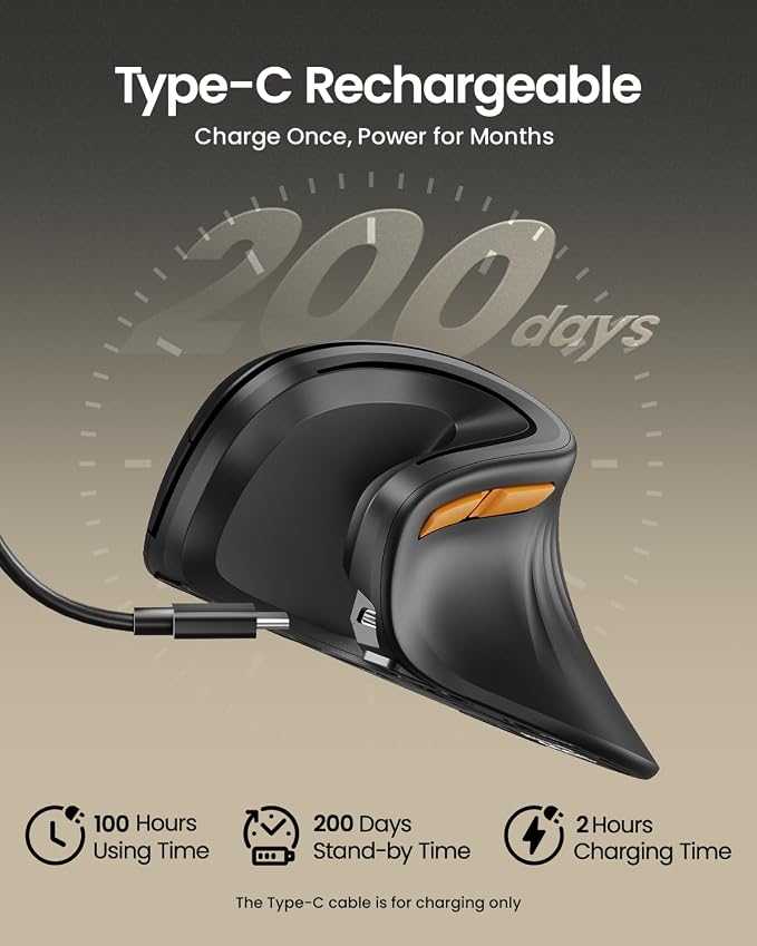 ProtoArc EM11 NL Wireless Ergonomic Vertical Mouse, Rechargeable, Black | 58° vertical design supports a natural wrist posture, connect 3 devices via Bluetooth/2.4G USB-A, 500mAh USB-C rechargeable. - Image 4