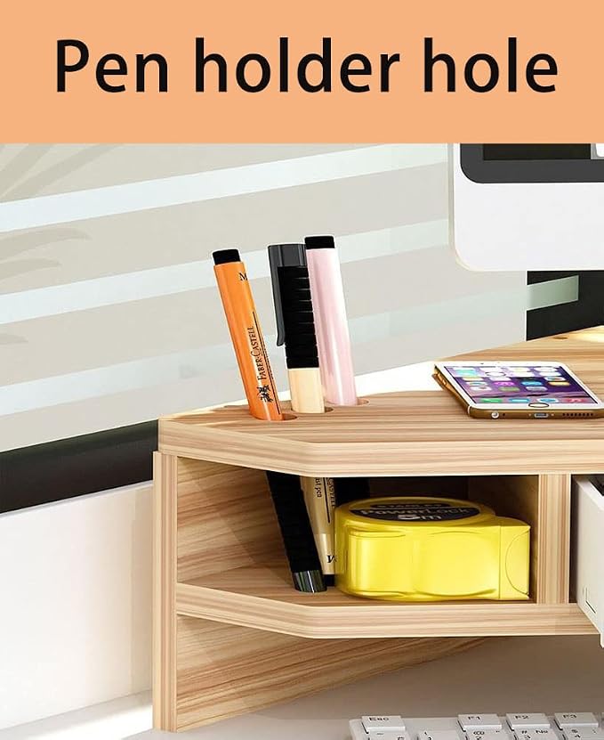 Triangle Monitor Stand Riser,Cut Triangle Save Space Desktop Corner,Desktop corner shelf with drawers wooden computer stand with storage laptop risers office organization. (Have drawers) - Image 5