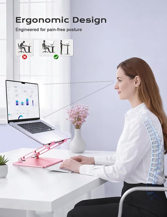LOXP Aluminum Laptop Stand, Adjustable Laptop Stand for Desk Foldable | Portable Laptop Riser, Ergonomic Computer Notebook Holder for Desk, Office Desk Accessories (10-15.6'') - Pink - Image 2