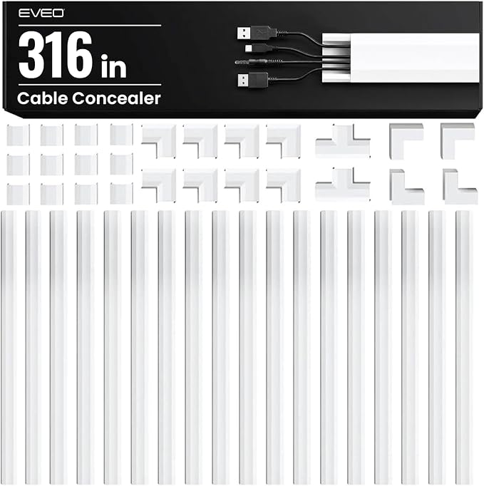 EVEO Cable Hider Wall 306” - Cable Raceway Cord Hider - Wire Covers for Cords on Wall, Cord Cover, Wall Cable Hider, Cable Concealer, Wire Hiders for TV on Wall - 20X (L16 W1.1 H0.55) - Large | White by EVEO