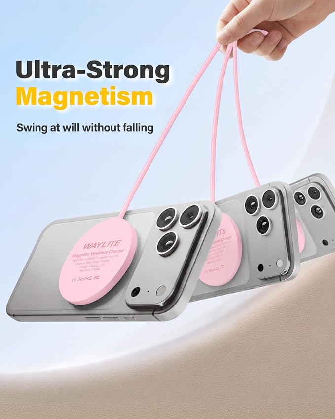 6FT Magnetic Wireless Charger Charging Pad - 15W Fast Phone Charger for Apple iPhone 17 16 15 14 13 12 Series & AirPods 4 3 2 Pro, Phone Charging Pad with Plug for Desk & Travel, 2Pack Pink - Image 4
