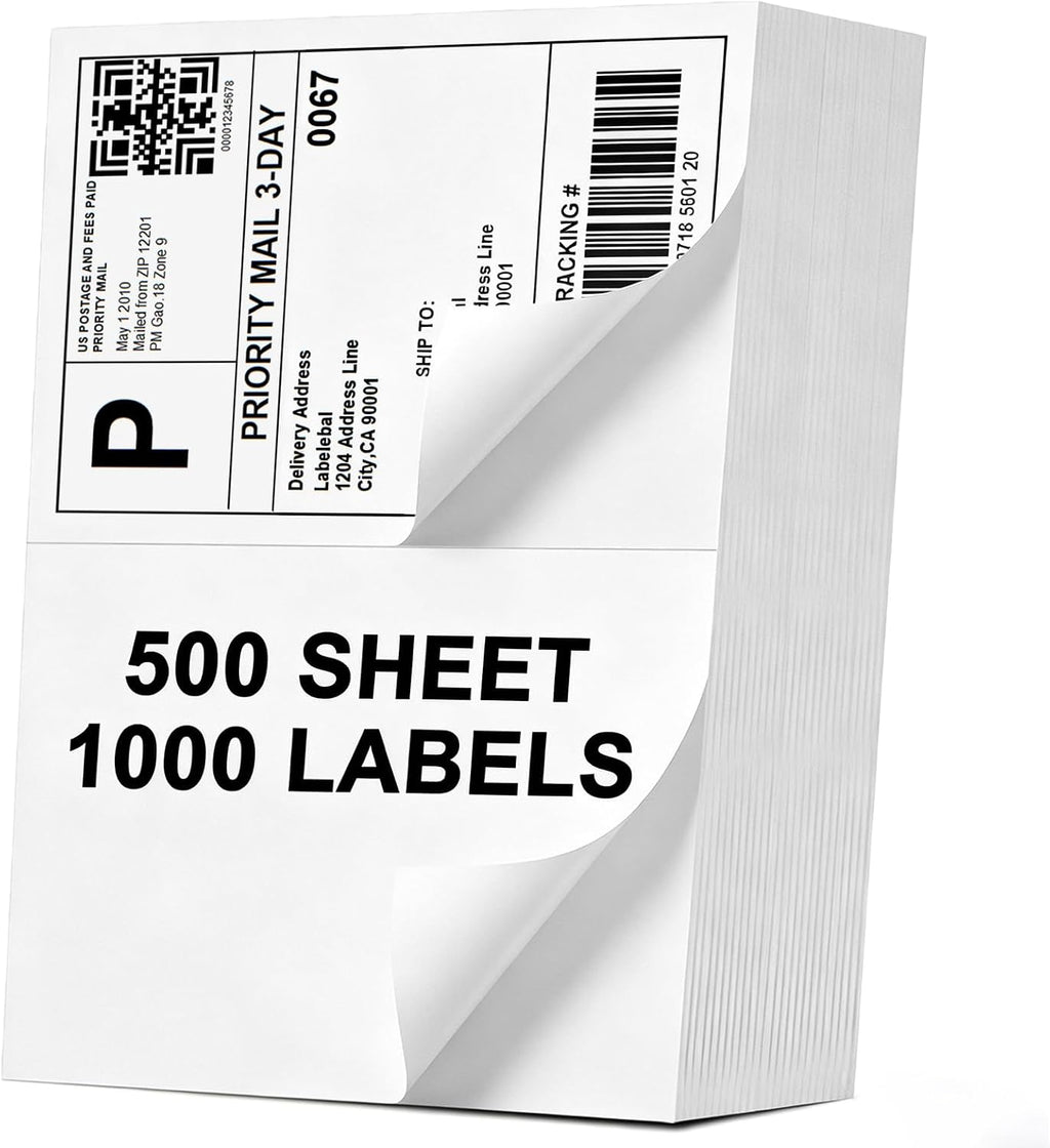 (1000 Labels/500 Sheets)Labelebal Half Sheet Self Adhesive Shipping Labels for Laser & Inkjet Printers, 8.5" x 5.5" Shipping Mailing Labels, 2 Per Page Shipping Labels, 5 1/2 x 8 1/2 Half Sheet Labels by Labelebal