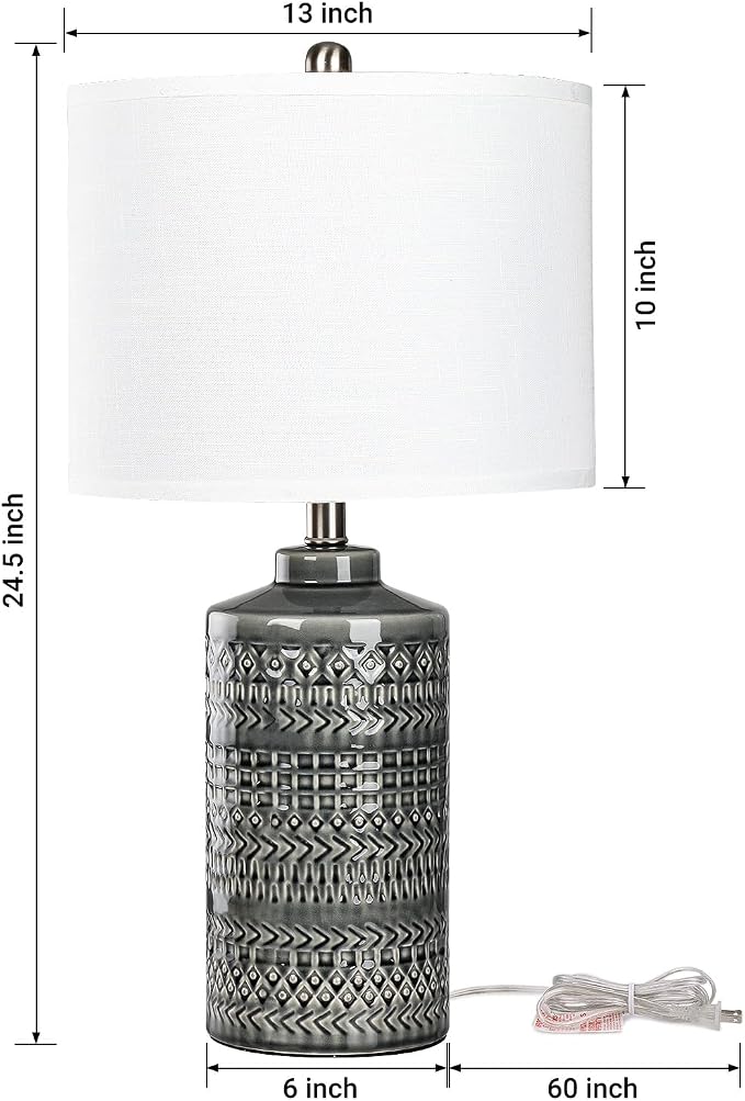 Modern Ceramic Table Lamp, 24.5" Living Room Lamps 3-Way Dimmable Gray Nightstand Lamp with White Shade|Tall Bedside Lamp Desk Decor Lamps for Bedrooms Farmhouse Office End Table Lamps(Bulb Included) - Image 3