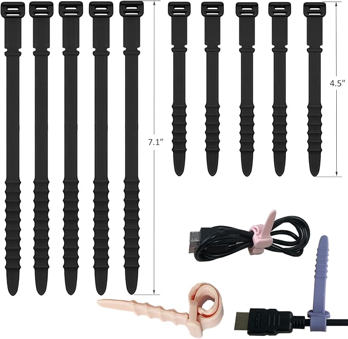 Silicone Zip Ties, Reusable Zip Ties, Rubber Cable Ties Straps for Wire Management, Elastic Silicone Ties Cable Organizer for Home Office, Black Cord Ties in Two Sizes 4.5" and 7.1" (5+5 Pcs Black) by GELIAL