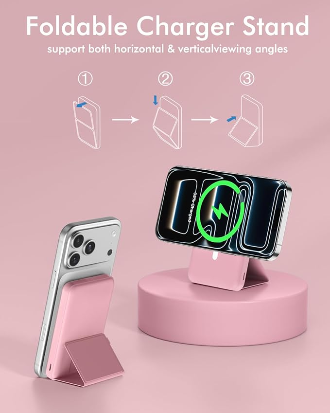 podoru for MagSafe Power Bank 10000 mAh, Foldable Magnetic Portable Charger | 22.5W PD Fast Charging, with USB-C Cable LED Display, Wireless Battery Pack for iPhone 17/16/15/14/13/12 Series-Pink - Image 4