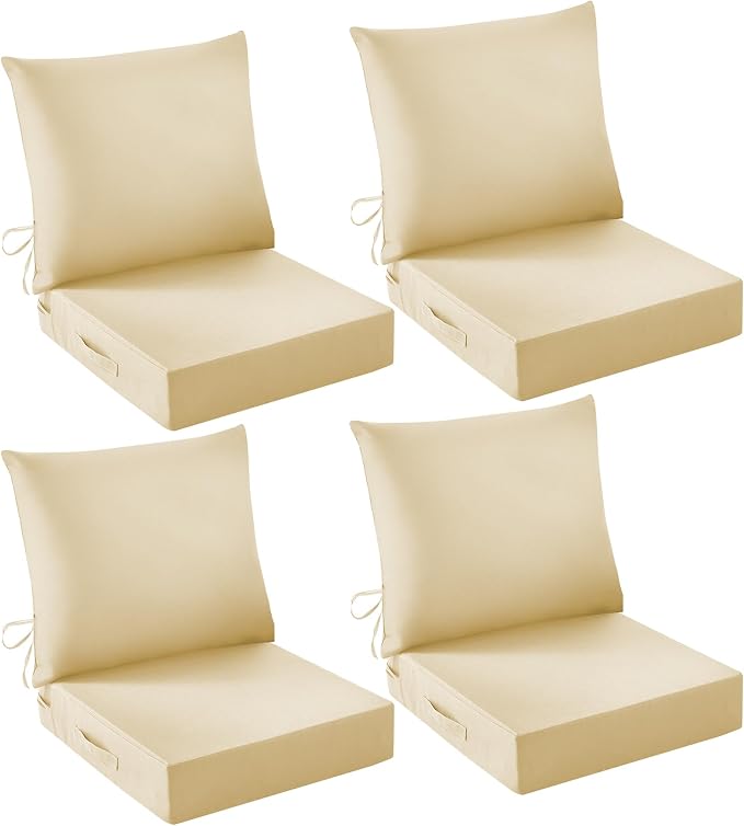 Outdoor Chair Cushions, 24 x 24 Inch Outdoor Cushion for Patio Furniture, Patio Chair Cushion, Waterproof & Fade Resistant Deep Patio Furniture Cushion Set with Handle and Ties, Light Khaki (Set of 4) by IASEAHK