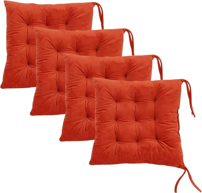 Set of 4 Square Chair Pads Indoor Seat Cushions Pillows with Ties Soft Comfortable Non Slip Chair Mat for Kitchen Dining Office Desk Living Room Outdoor Tatami 15.5" - Orange by MissSoul