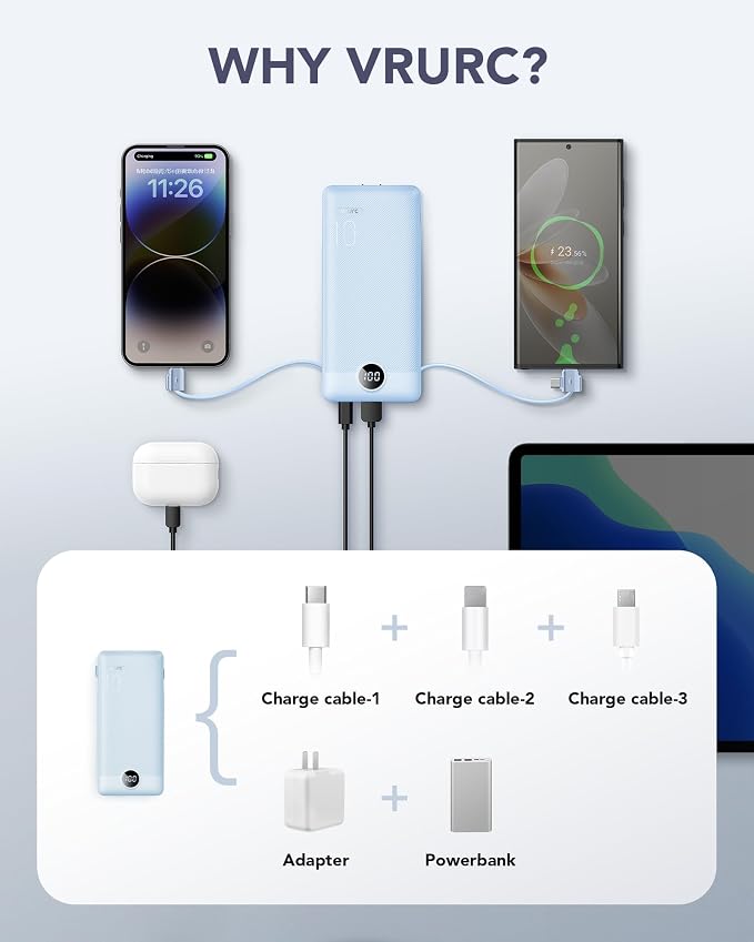 VRURC Portable Charger, Power Bank Built-in Cables and AC Wall Plug | USB C Power Bank 10000mAh, Travel Essentials Phone Charger Compact External Battery Pack For Smart Phones, Tablets etc-Blue - Image 4