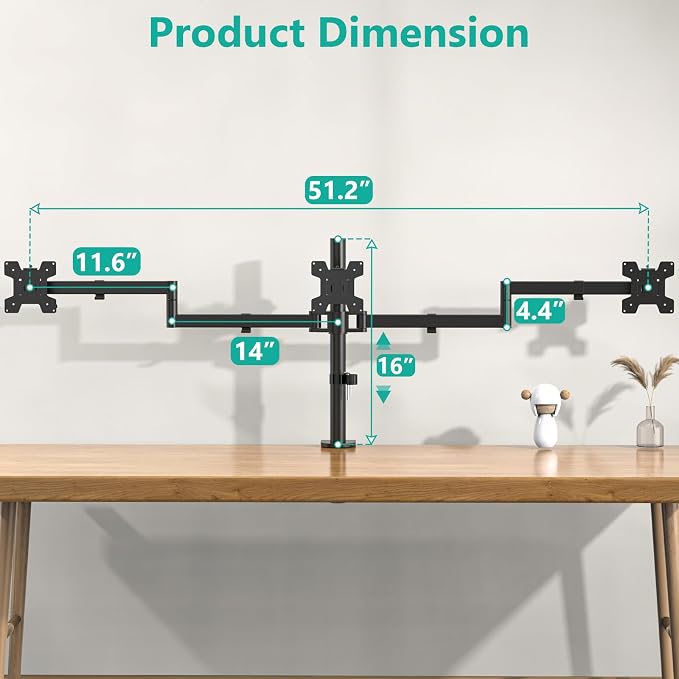 WALI Adjustable Triple Monitor Mount for 13-27 inch Screens, 22 lbs per Arm | 3 Monitor Desk Mount, Full Motion with Tilt, Swivel, Rotation, C-Clamp & Grommet Base, VESA 75/100mm (M003S), Black - Image 6