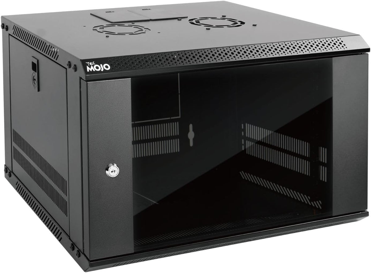 Tecmojo 6U Wall Mount Server Cabinet IT Network Rack Enclosure Lockable Door and Side Panels Black, Cooling Fan, Standard Glass Door, 450mm Depth, for 19” IT Equipment, A/V Devices by Tecmojo